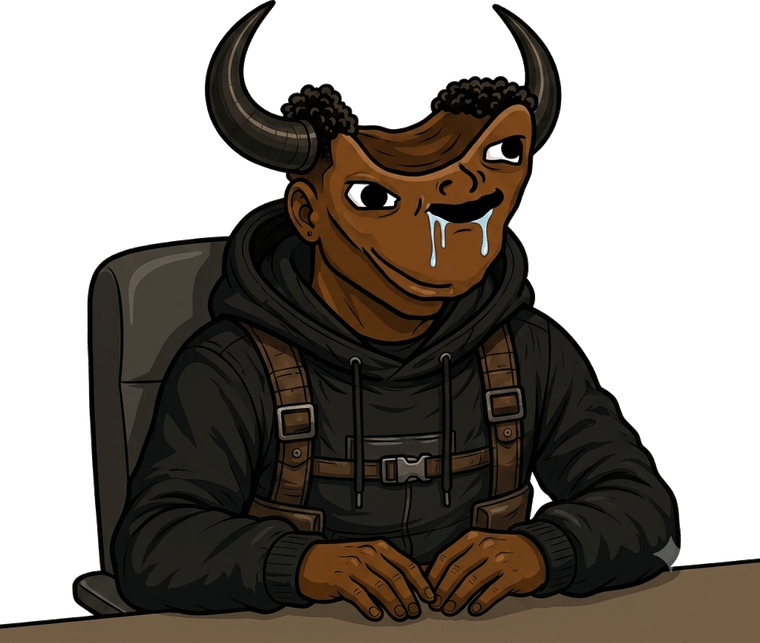 RETANSEM, a horned goon in a black hoodie sitting at a desk